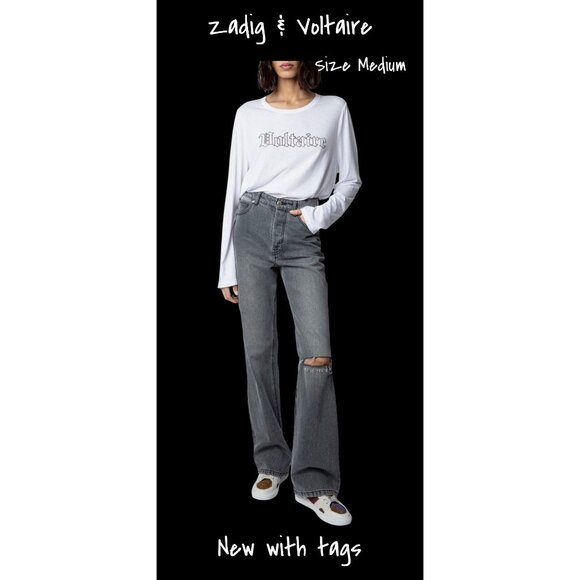 Zadig & Voltaire Alea Beaded Logo Cotton White Top Medium New With Tag - Picture 1 of 7